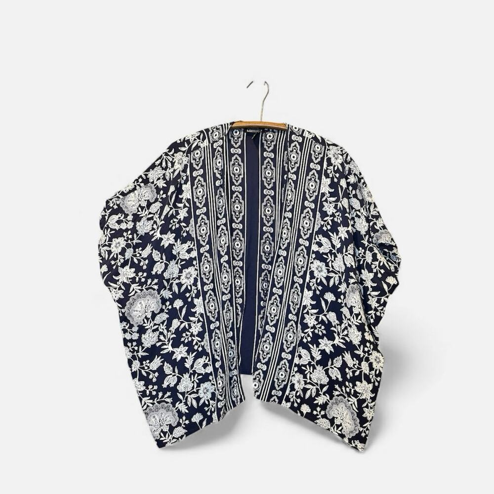 Angie Wrap Women's Size Large Navy White Floral Open Front Lightweight Ruana